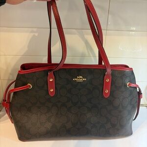 Coach F57842 Signature Drawstring Tote Brown Red Trim Canvas Shoulder Bag